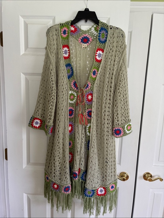 POL Sweaters - Boutique Boho Crochet-Trim Open Front Olive Green Sage Women's Sweater Cardigan